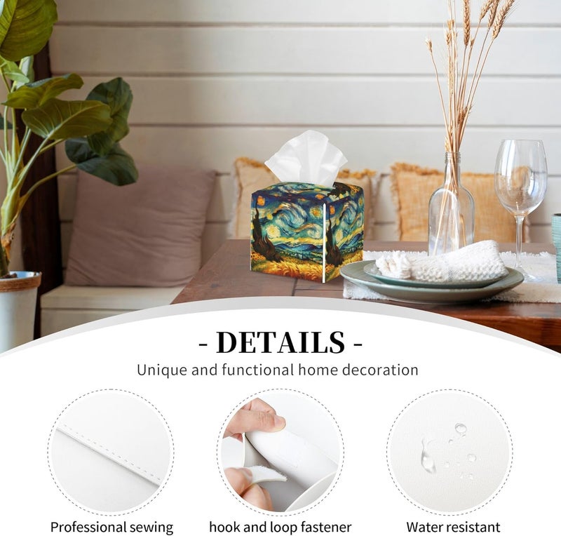 sndheke Starry Night Tissue Box Cover Square, Abstract Impressionist Oil Painting Tissue Box Holder Waterproof Leather Facial Paper Organizer Dispenser for Bathroom Home Car Nightstand Vanity Desk - Image 3
